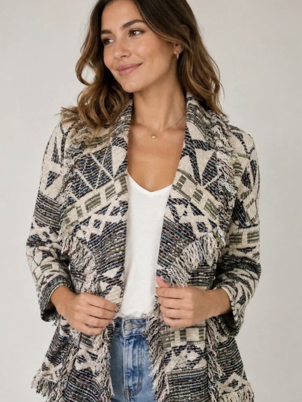 XS-L Zara OversizedTextured Geometric Fringe Detail Cardigan w/ Pockets